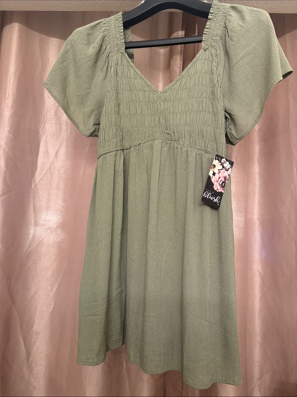 Blush Sage Green Smocked V-Neck Flutter Sleeve Casual Dress